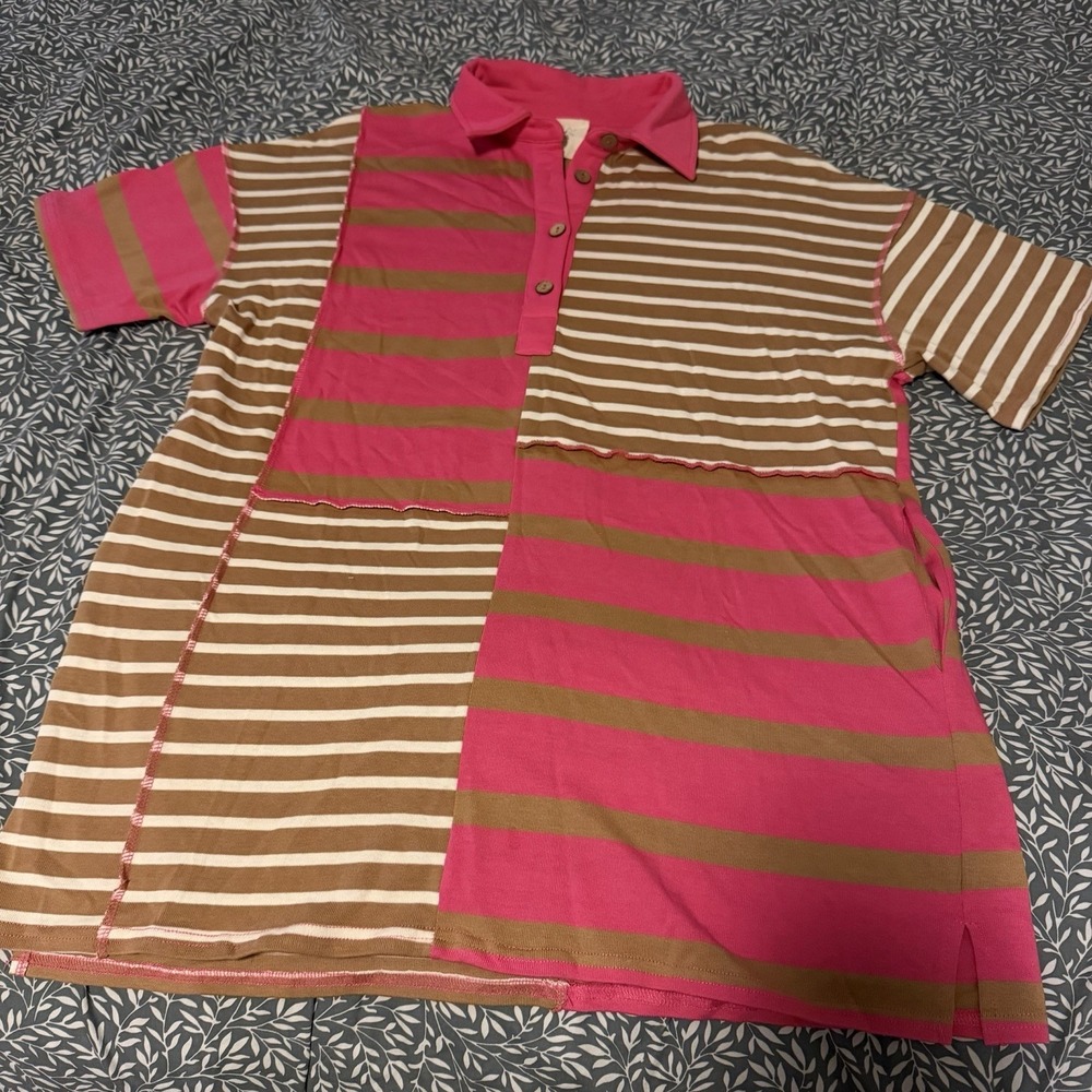 Fantastic Fawn Colorblock Collared Pink Short Sleeve Shirt Dress Pockets Large